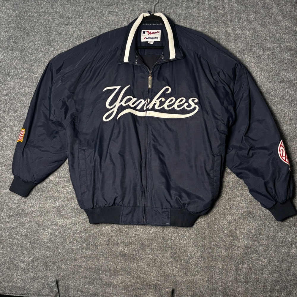 Authentic Yankees Bomber Jacket Mens XL Navy blue Full Zip casual Outerwear